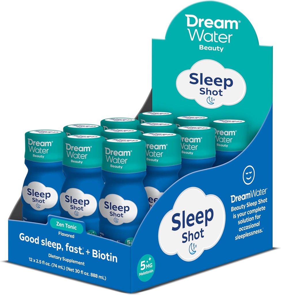 Dream Water Beauty Sleep Aid Drink Supplement; Melatonine 5mg, GABA, 5-HTP, Plus Biotine pour la peau, les cheveux et les ongles sains; 2,5 oz liquides sleep Shots, Zen Tonic 12 Count