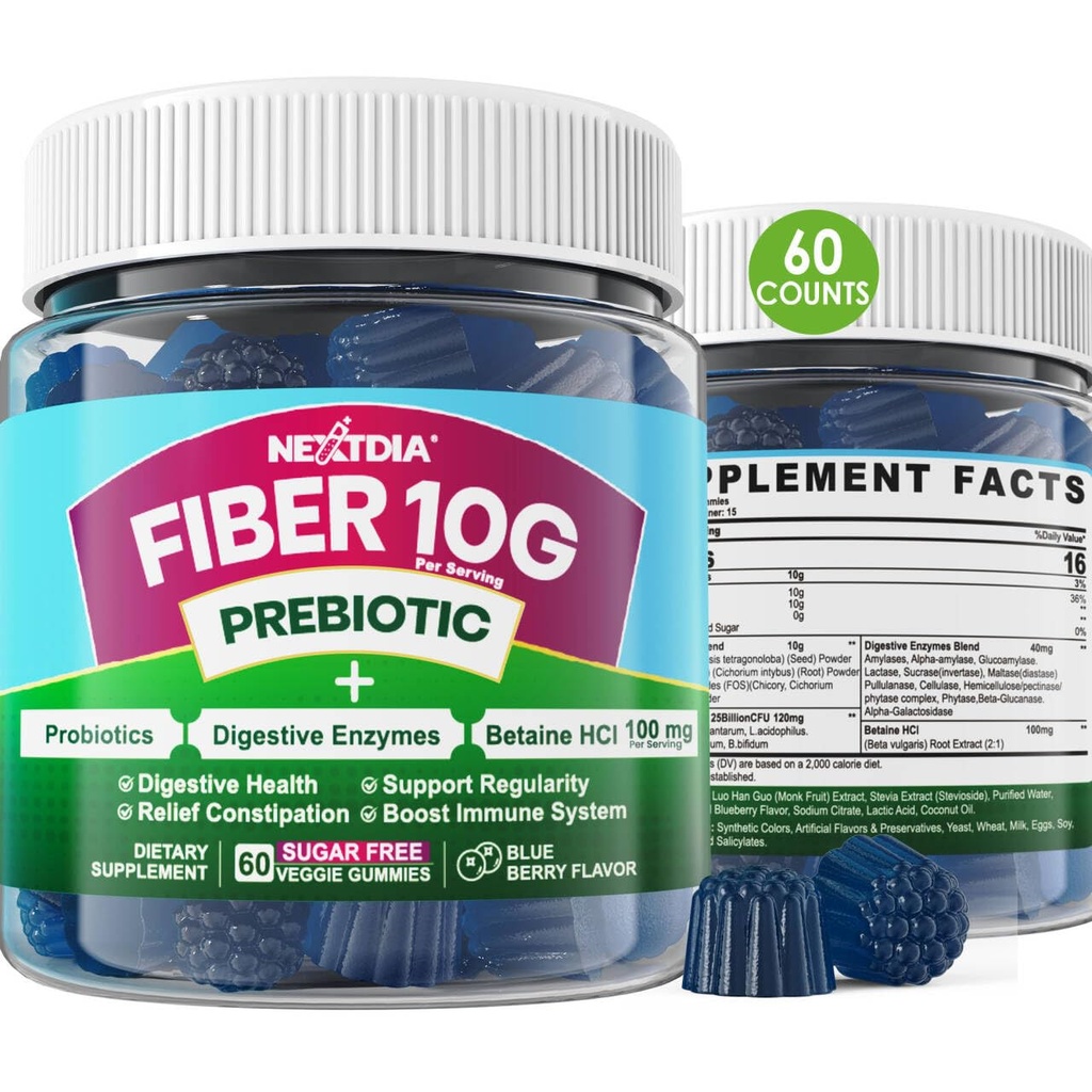 Gommies de fibre pour adultes, sans sucre 10g Supplément de fibre prébiotique avec enzymes digestives, probiotiques et 100mg de bêtaine pour la santé digestive et Gut et réguler le mouvement de l'intestin, végétalien, sans gélatine, 60ct