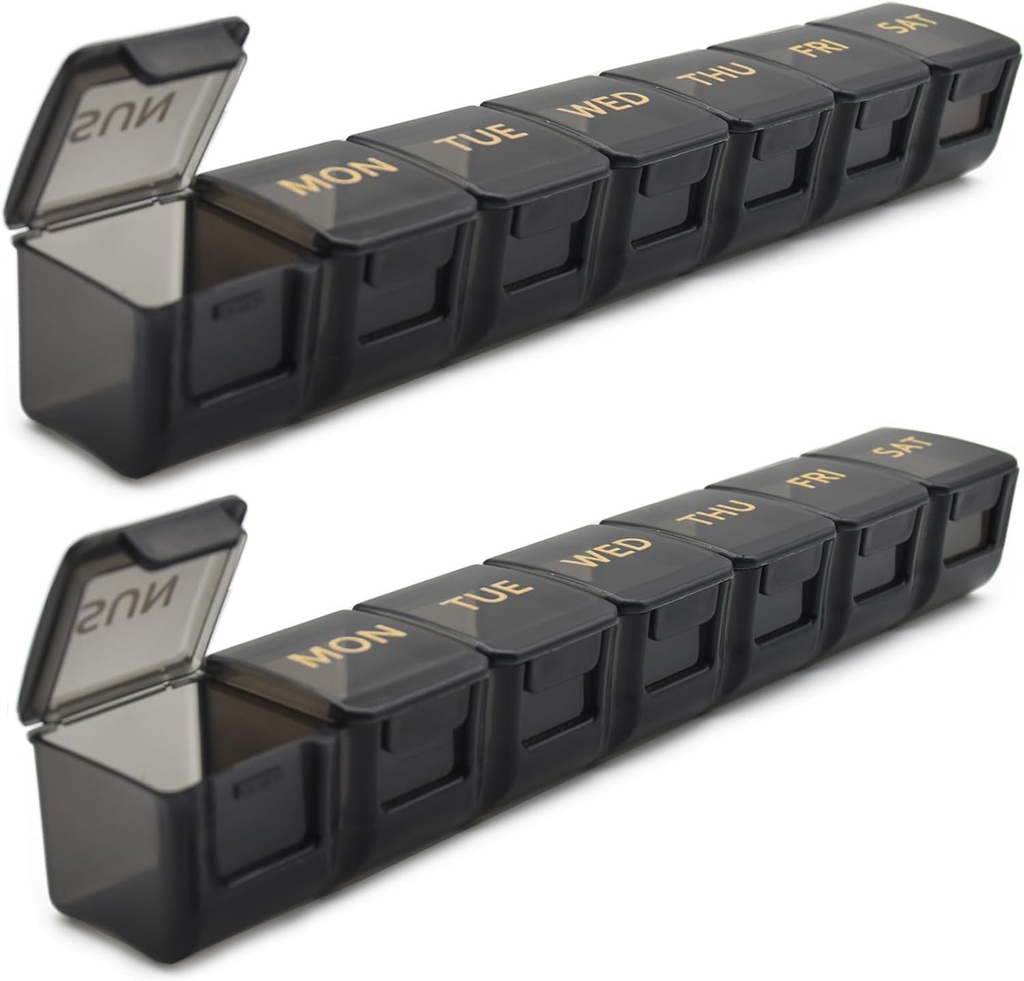 2 Pack Weekly Pill Organizer, grand cas de pilule de 7 jours, boîte de médicament quotidienne cas de vitamine, AM / PM Pill Contenants pour médicaments suppléments Huile de poisson (noir et noir)