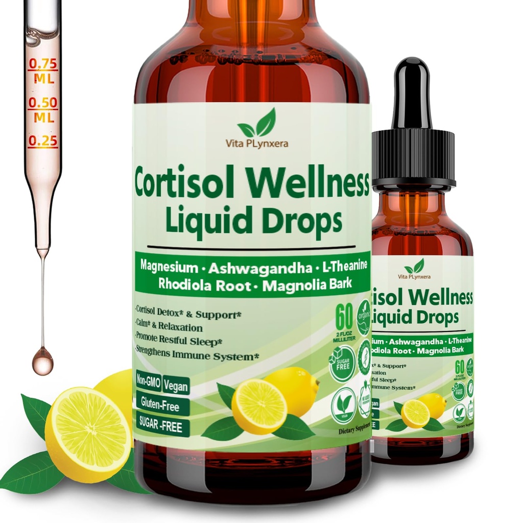 Supplément de cortisol gouttes liquides, 17-en-1 Cortisol Detox w. Magnésium Glycinate 400mg Ashwagandha, L-Theanine, Phosphatidylsérine, Hormone équilibré pour les femmes, Mood Focus, Soutien au sommeil