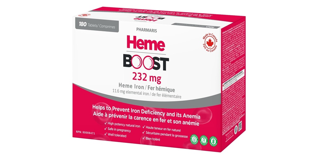 Hemeboost 11,6mg (232mg Heme Fer) I 180 Comprimés à haute puissance Supplément en fer naturel I Haute absorption et douceur sur les pilules de fer de l'estomac I pour adultes et sans danger pour l'utilisation pendant la grossesse (3)