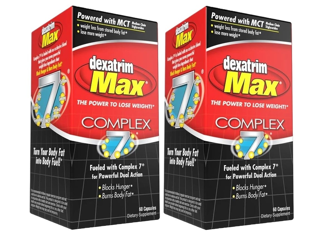 ILIOS Dexatrim Max Complex-7. Les pilules alimentaires pour perdre du poids - 7 ingrédients puissants pour réduire la faim et la graisse corporelle, suppléments de brûleur de graisse, pilules de perte de poids pour les hommes et les femmes, 2 boîtes avec 60 capsules