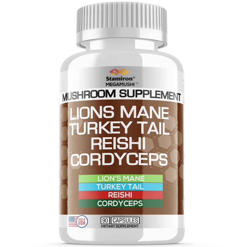 Stamiron Lions Mane Supplément Turkey Tail Mushroom Capsules avec Cordyceps Extrait et Reishi Champignons - Alt au Champignon Gummies, Poudre de Champignon, Champignon Café - 90 Compte
