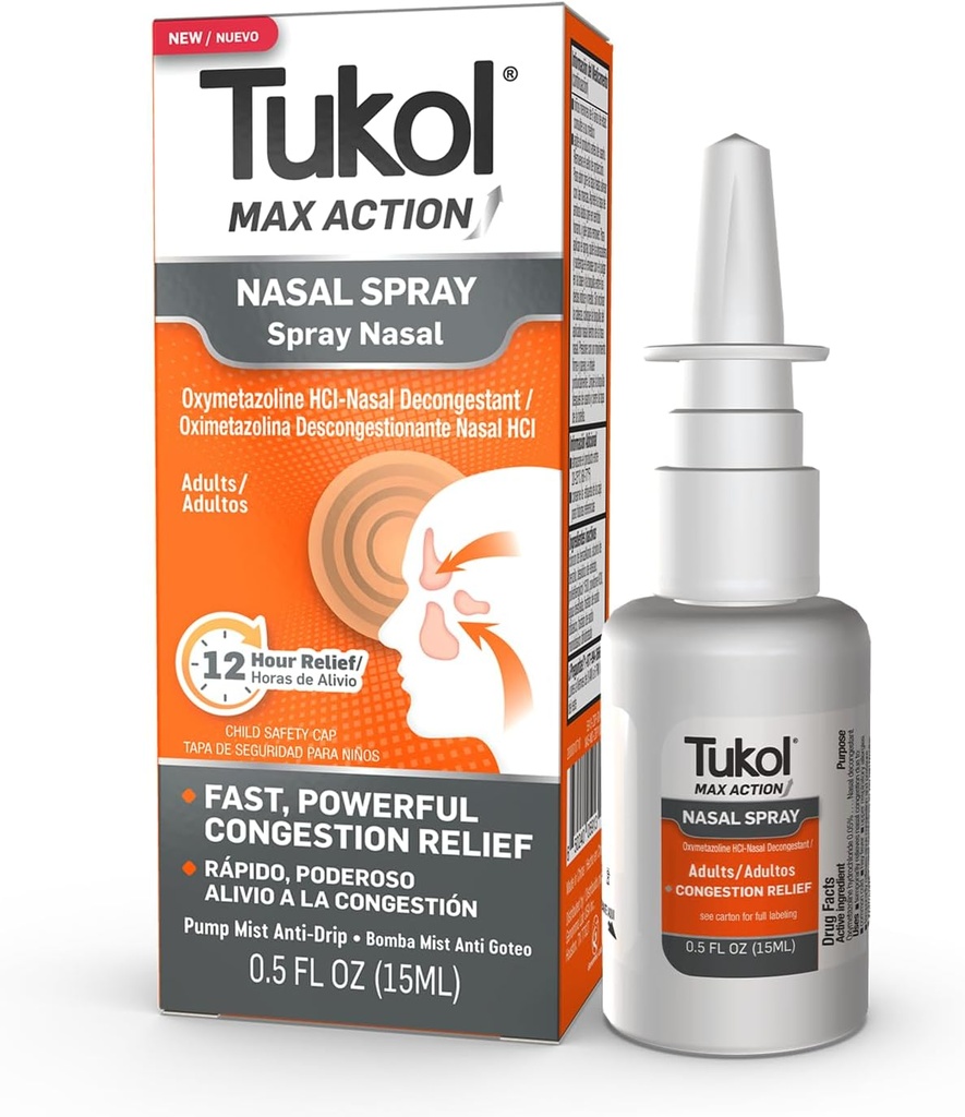 TUKOL Max Action Spray nasal, Oxymétazoline Spray nasal pour adultes, Relief de congestion rapide du nez et du sinus, Spray nasal de 12 heures Spray nasal, 0.5 fl oz