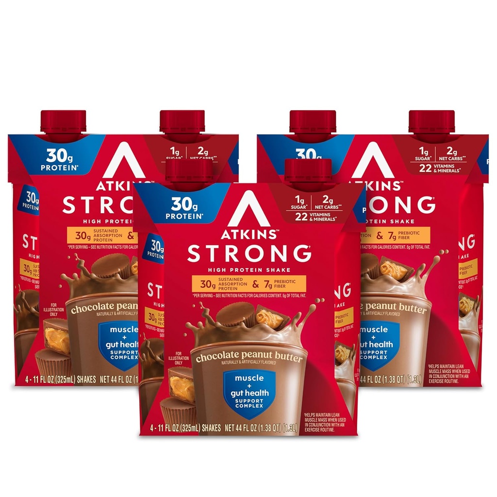 Atkins forte forte haute agitation protéinique, beurre d'arachide au chocolat, 30g de protéines, faible glucides et faible sucre Shake, Keto Friendly, sans gluten, complexe de soutien de la santé musculaire et de Gut, 12 comte