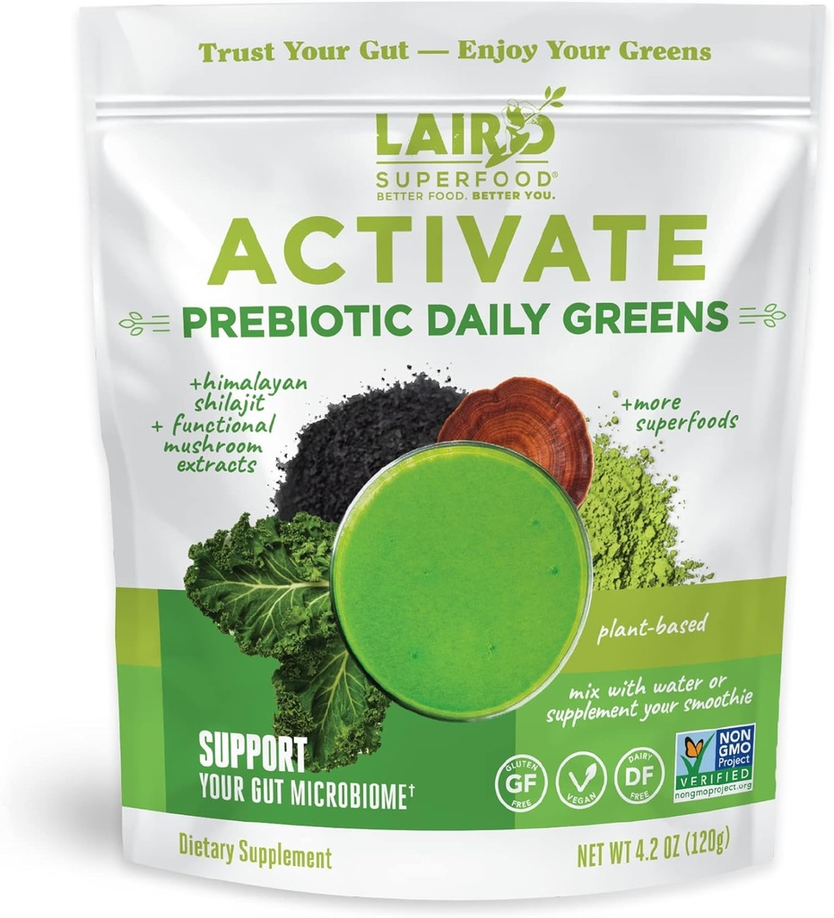 Laird Superfood Activer le supplément quotidien de boisson en poudre de vert prébiotique, Himalayan Shilajit Poudre et champignons fonctionnels, Supports Gut Microbiome, 4.2 Oz Sac, Pack de 1