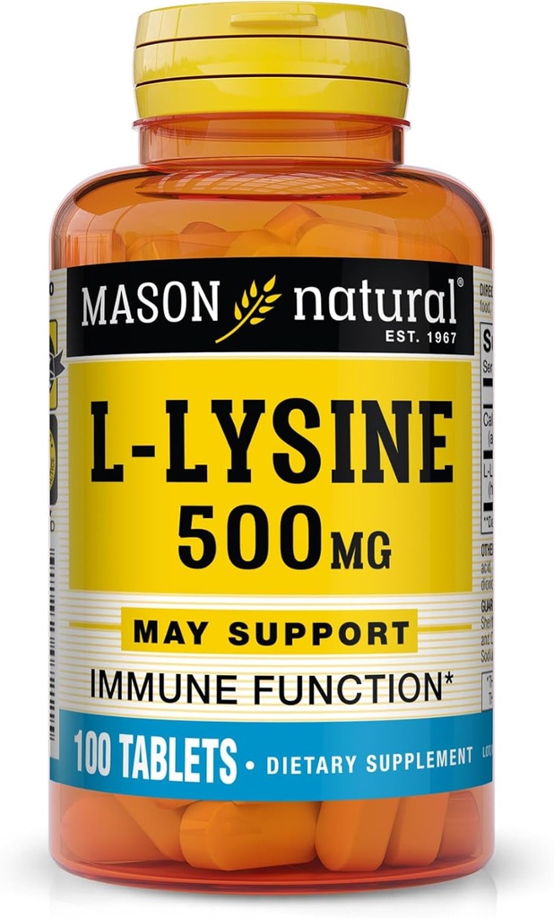 MASON NATURAL L-Lysine 500 mg avec Calcium - Amélioration de la fonction immunitaire, amélioration de l'absorption des nutriments, acide amino essentiel, 100 comprimés