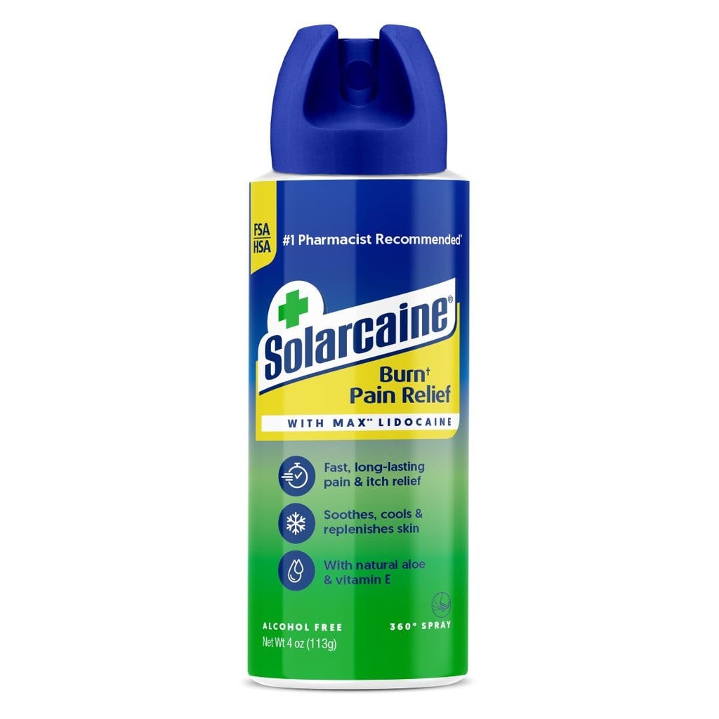 Solarcaine Aloe Sunburn Relief Spray avec 4 % de Lidocaine - Soin après le soleil pour les brûlures, les éraflures et les démangeaisons - Aloe Spray pour apaiser, refroidir et reconstituer la peau - 4oz