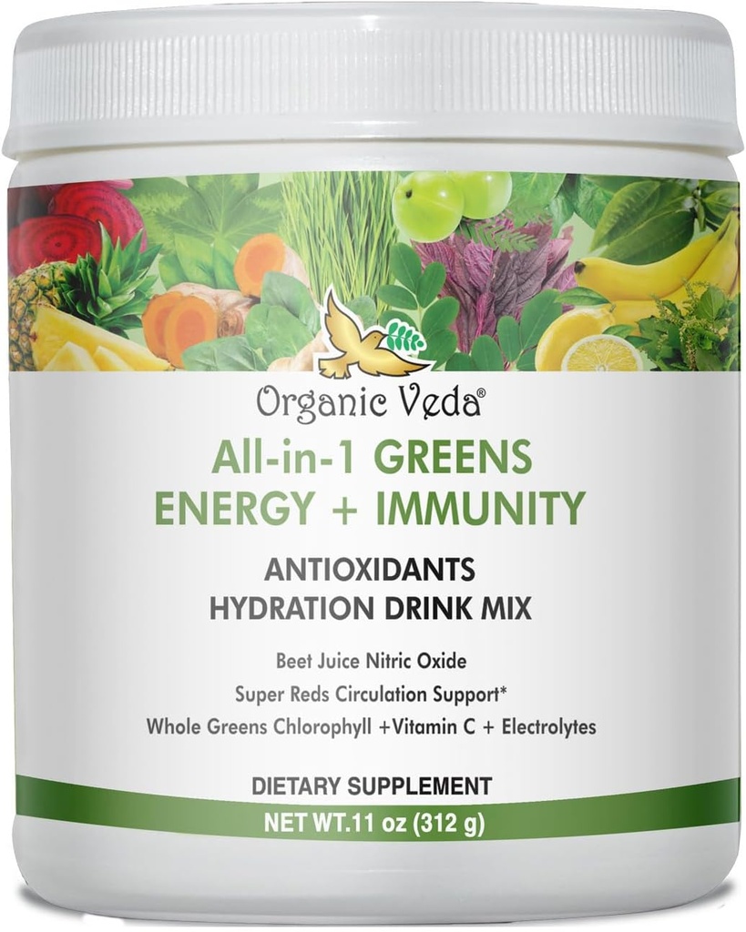 Organic Veda Super Greens Antioxidant Hydration Drink Mix Powder with Electrolytes for Energy, Immunity - Daily Organic Superfoods Chlorophyll, Beet, Moringa, Chlorella, Spirulina, Turmeric - 11 oz