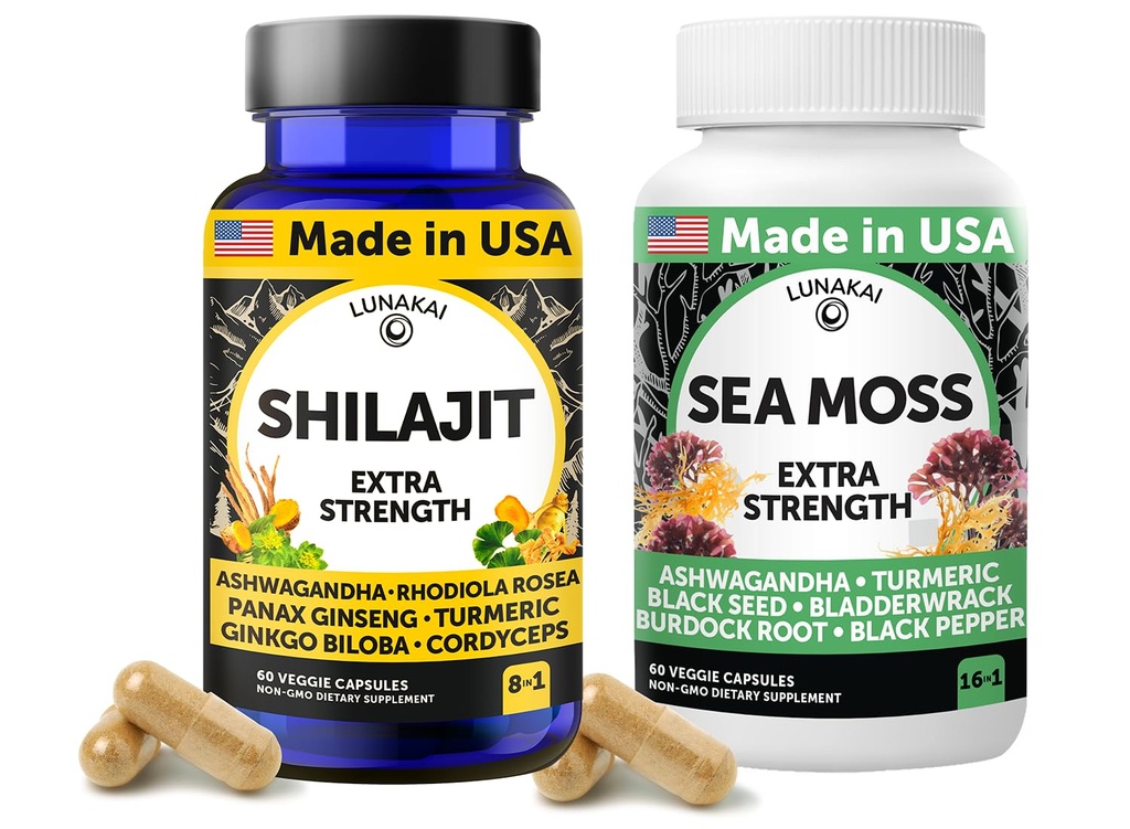 Lunakai USA Made Shilajit & Sea Moss Capsules Bundle avec Ashwagandha, Black Seed Oil & Rhodiola pour le soutien de la force et de l'immunité, 60ct Chaque