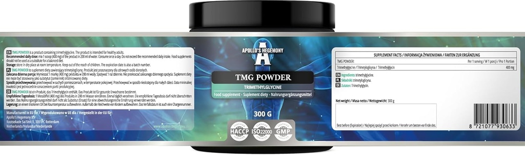APOLLO'S HEGEMONY TMG Poudre 300g - Bétaïne - 2000mg Triméthylglycine par portion - 150 portions par emballage - Aucun additif - Acides aminés à chaîne ramifiée - Soutien aux métabolites