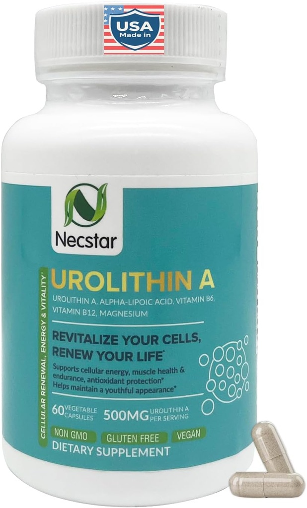 Necstar Urolithin Un supplément – Énergie cellulaire et soutien mitochondrial – avec acide alpha-lipoïque, vitamine B6, B12 et magnésium – 60 capsules végétaliennes, sans gluten
