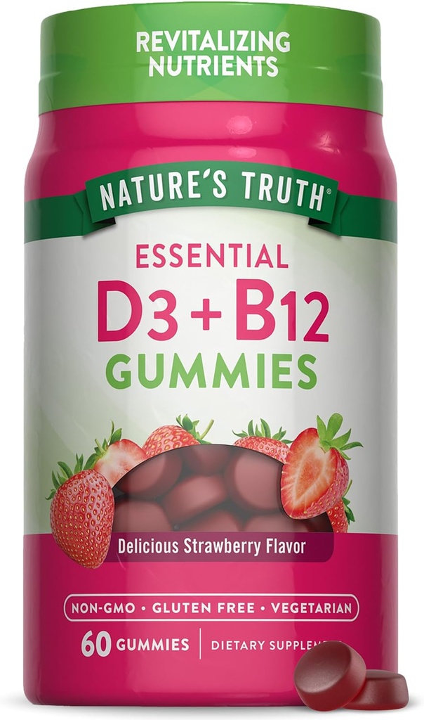Nature's Truth Vitamin D3 and B12 Gummies for Adults | 60 Count | Strawberry Flavor | Vegetarian, Non-GMO & Gluten Free Supplement