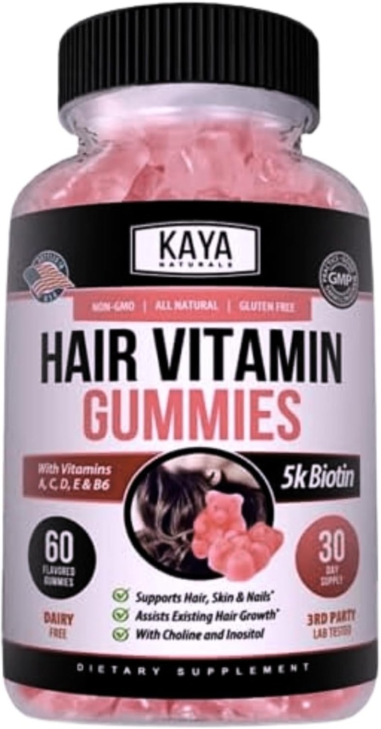 Gommies de croissance capillaire Kaya Naturals - Biotin 5000mcg Vitamines pour les cheveux, la peau et les ongles sains - Supplément beauté pour les femmes ou les hommes - 60 Comte - Blueberry Flavor