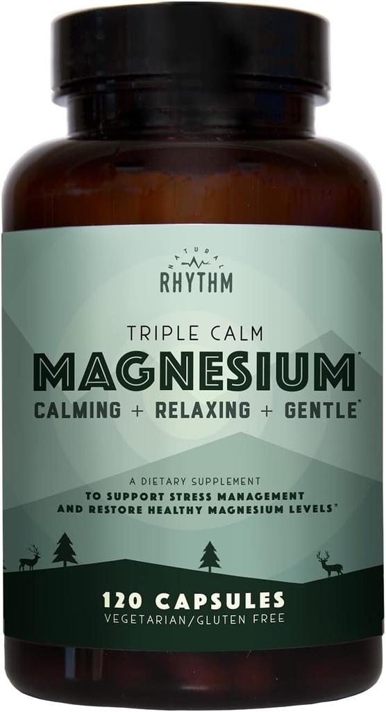 Rhythme naturel Triple Calme Magnésium 150 mg - 120 Capsules – Supplément composé complexe de magnésium avec Magnésium Glycinate, Malate et Taurate. Mélange calmant pour promouvoir le repos et la détente.