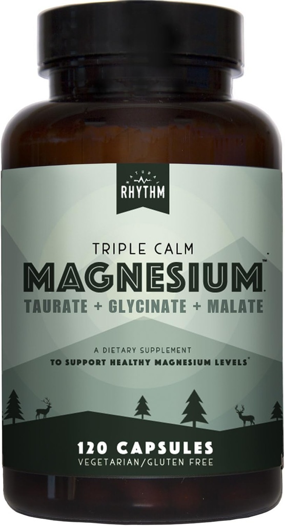 Rhythme naturel Triple Calme Magnésium 150 mg - 120 Capsules – Supplément composé complexe de magnésium avec Magnésium Glycinate, Malate et Taurate. Mélange calmant pour promouvoir le repos et la détente.