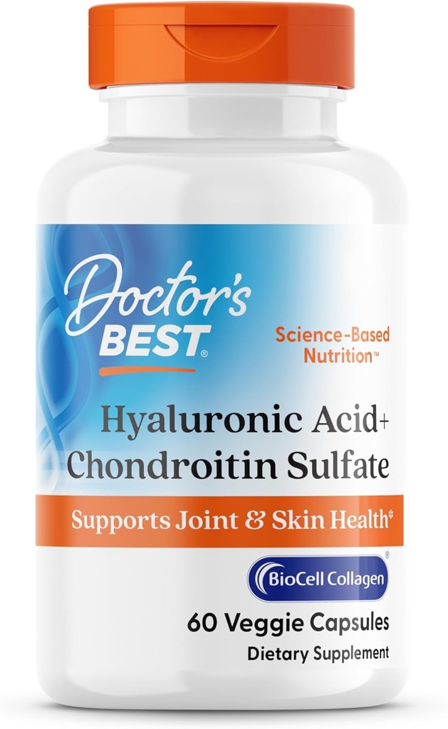 Médecins Meilleur Acid Hyaluronique+ Sulfate de Chondroïtine, soutient la santé articulaire et de la peau, non-OGM, sans gluten, sans soja 60 capsules de légumes