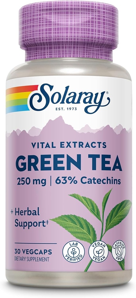 SOLARAY Extrait de thé vert 250 mg - Capsules d'extrait de thé vert décaféiné - Suppléments EGCG - Garanti de contenir 63% Catéchines - Vegan, garantie de 60 jours, 30 portions, 30 VegCaps