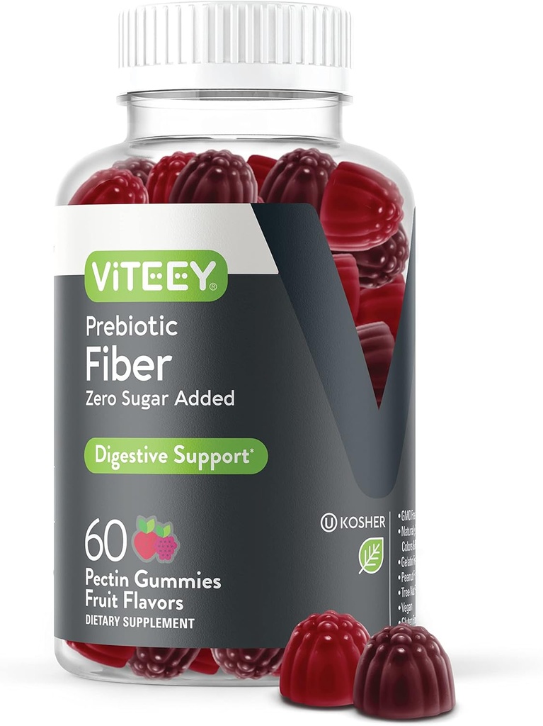 Gommies de fibres prébiotiques Viteey pour adultes, 4g - Gummes de supplément de fibres solubles Gut Health & Digestive - Zéro sucre ajouté, végétalien, sans gluten - 60 Compte