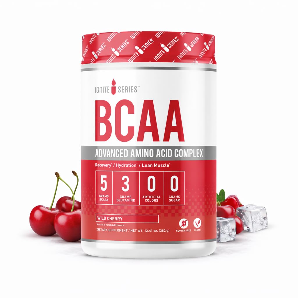 Série complète d'ignite de nutrition BCAA Complexe avancé d'acide amino, cerise sauvage, soutient la récupération musculaire, l'hydratation et la croissance, 5g BCAA, 3g de glutamine, 13 oz Tub (30 portions)