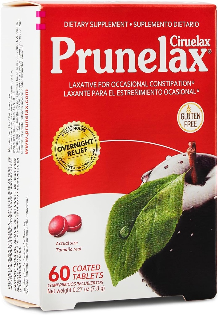 Prunelax Ciruelax Regular Strength Laxative Mini Comprimés - Relief de nuit pour Constipation occasionnelle, Extrait de Senna, Vegan & Sans gluten, Relief doux - 60ct