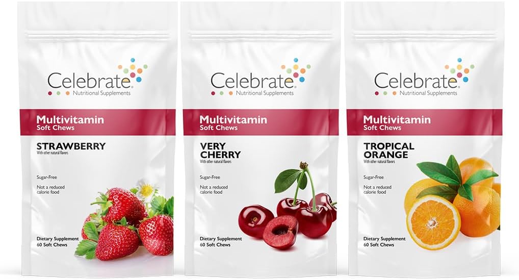 Célébrez les vitamines Bariatric Multivitamin Soft Chews - Vitamines et minéraux essentiels, sans sucre et sans gluten - Supplément de gastrectomie gastrique - Fraise/Orange/Cherry (180ct)