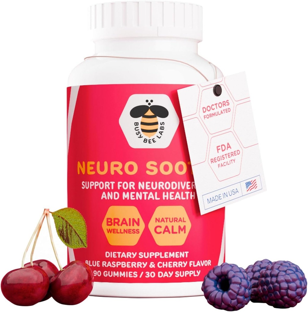 Neuro Soothe, Soutien à la neurodiversité et à la santé mentale, Aide au mieux-être cérébral et au calme naturel, Blue Rasberry et Cherry Flavor 90 Gummies, 30 jours d'approvisionnement