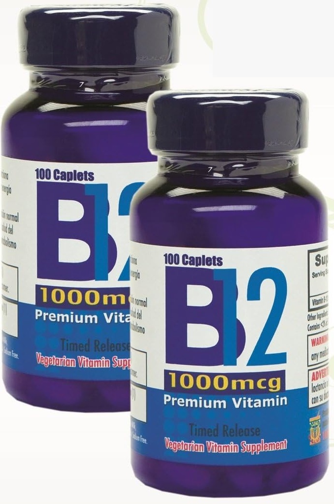Nutrisalud Products Vitamina B12 de alta potencia, 1000mcg, Set de 2 frascos con 100 tabletas c/u. Combate Anemia, fatiga, aumenta la energia, revitaliza el sistema nervioso.