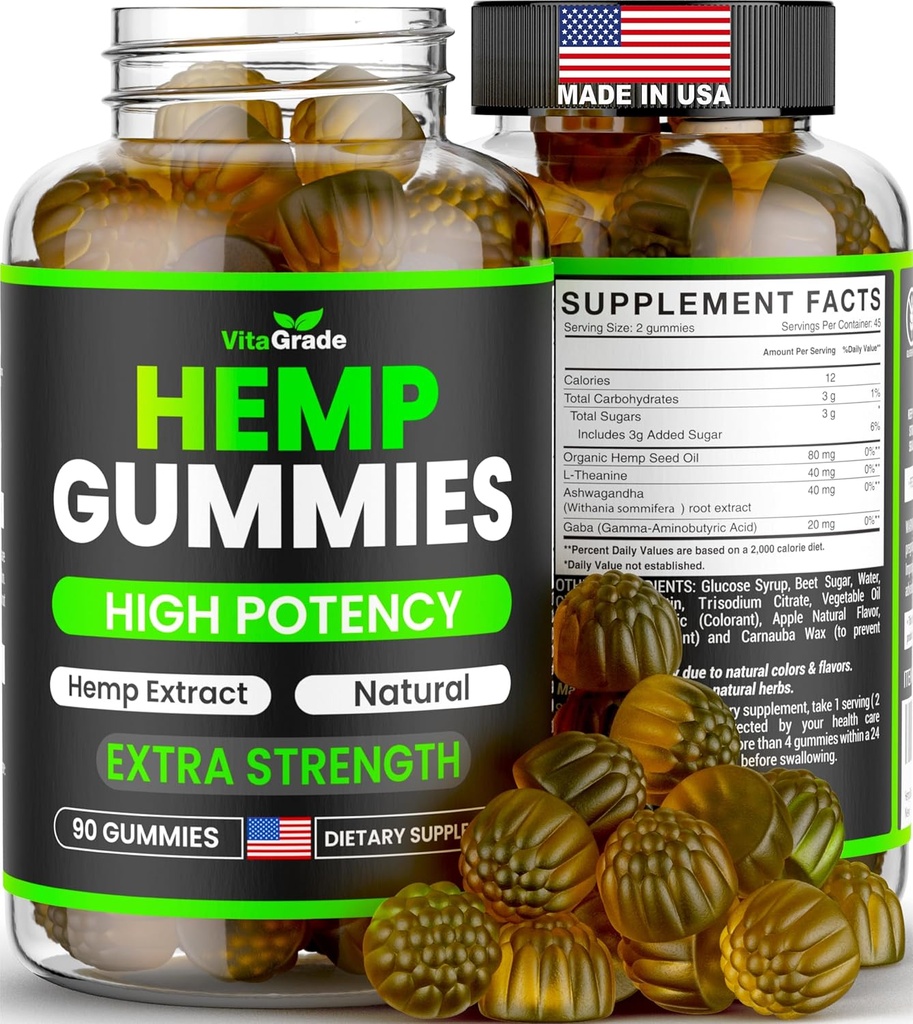 Gummies de chanvre - Extra Force pour la Paix et la Relaxation - Infusé avec l'huile de chanvre pur, Ashwagandha, L-Theanine - Supplément de relaxation savoureux - Relief naturel - 90 Ct - Fabriqué aux États-Unis - Saveur de pomme verte