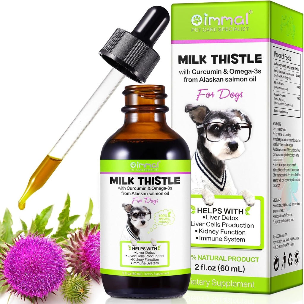 Thistle de lait pour chiens - Supplément de soutien du foie pour chiens, Immune et soutien hépatique, avec Curcumine et huile de saumon sauvage de l'Alaska, Omega 3 EPA - Support naturel du foie à base de plantes pour animaux de compagnie