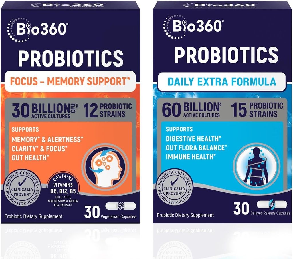 Bio360 Probiotiques Bundle, formule de soutien cognitif et formule quotidienne supplémentaire, soutien cérébral et compléments de santé Gut, aide à soutenir la mémoire, la concentration et la digestion, 2 x 30 suppléments végétaliens
