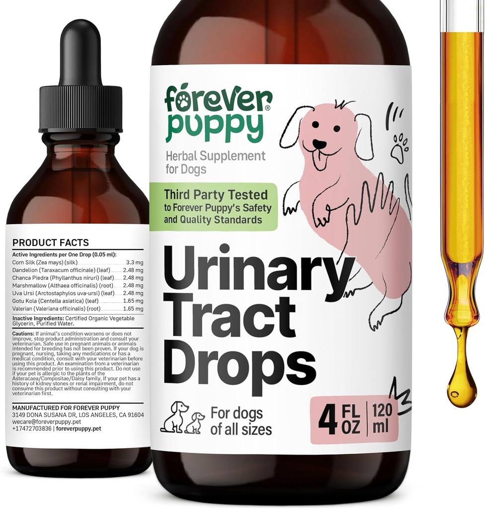 Gouttes urinaires pour chiots à jamais pour chiens - Support pour chien avec la soie et la pierre de la Chanca Piedra Breaker - Suppléments alimentaires pour chien pour le soutien du rein - Vitamines et suppléments pour chien - 4 oz
