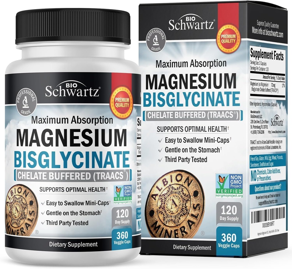 Supplément chélaté en bisglycine de magnésium - Supplément de magnésium à haute absorption pour support musculaire, osseux et articulaire, non laxatif, entièrement tamponné, non OGM, biodisponibilité maximale - 360 capsules