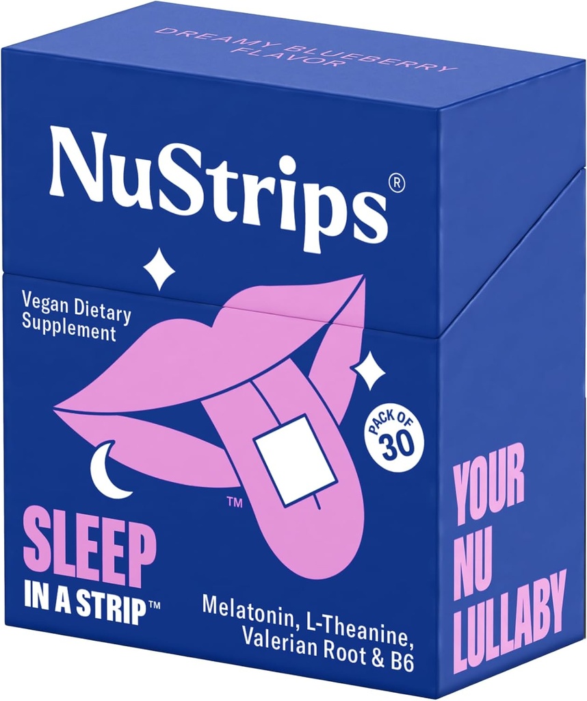 NuStripsTM Bandes de sommeil à dissolution rapide avec 5 mg de mélatonine, racine valériane, L-Theanine et vitamine B6 – Aide naturelle au sommeil, végétalien, non-OGM, sans gluten – Asleep d'automne rapide, réveil rafraîchi (30 bandes)