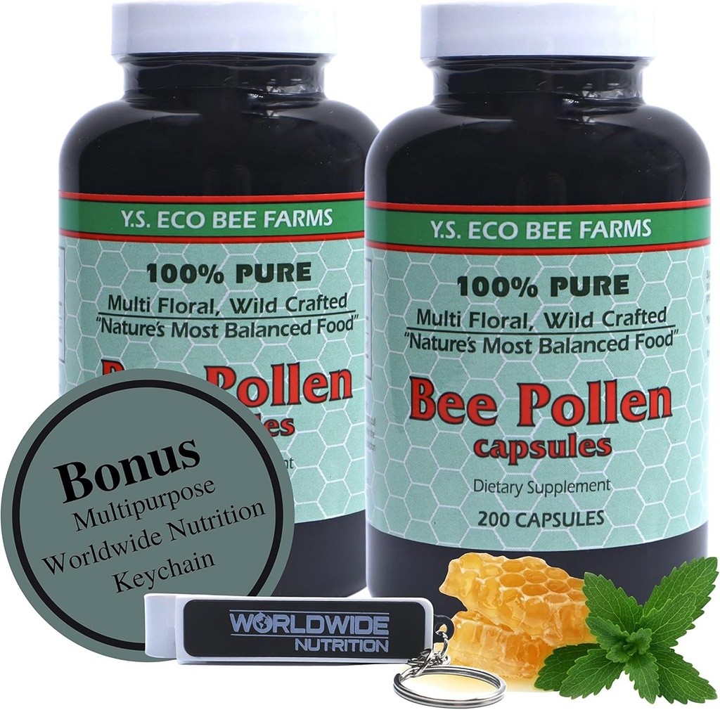 Y.S. Eco Bee Farms 100% Pure, Wild Crafted Bee Pollen Capsules - Bio Bee Pollen Suppléments de vitamines Acides aminés, Protéines organiques, Vitamine C, Vitamine B12 Sans gluten 2pk de 200ct w Bonus Chaîne clé