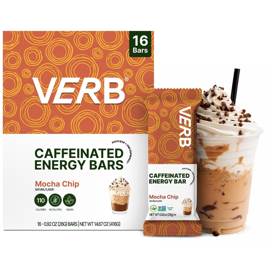 Barres d'énergie caféinées Verbe Mocha Chip (26g, paquet de 16) 110-Calorie Delicious Low Sugar Energy Bar - Vegan Gluten Free On-the Go Snack avec 80mg de caféine de thé vert, seulement des ingrédients réels de nourriture
