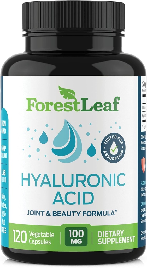 ForestLeaf Hyaluric Acid Supplements (suppléments d'acide hyaluronique) 100mg High Bioavailable Dietary Hyaluric Acid Powder Capsules + 50mg VIT C) soutient l'hydratation de la peau, la lubrification articulaire, l'anti-âge, les cheveux et les ongles.