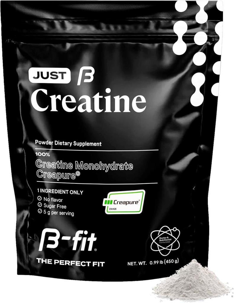 Poudre monohydratée de créatine - Juste créatine Creapure - 90 portions - 450 g - Créatine avant l'entraînement pour les femmes - Sans sucre - Supplément sans saveur - Approvisionnement de 3 mois