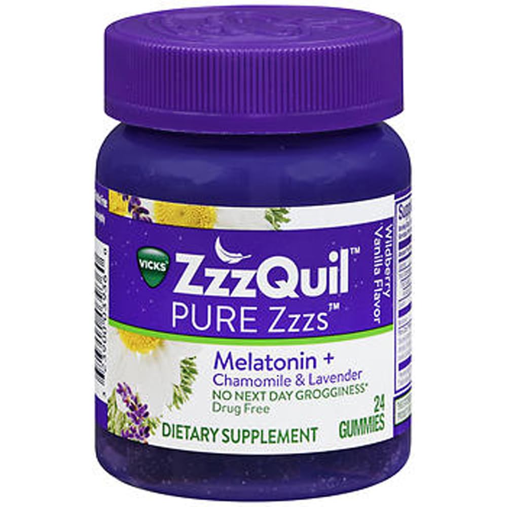 ZzzQuil Pure Zzz Melatonin Gummies, Aide au sommeil, Melatonin 2mg, avec Camomille et lavande, Melatonin Gummies de sommeil, Aide au sommeil pour les adultes, Vanille sauvage aromatisée, 24 Gummies de sommeil