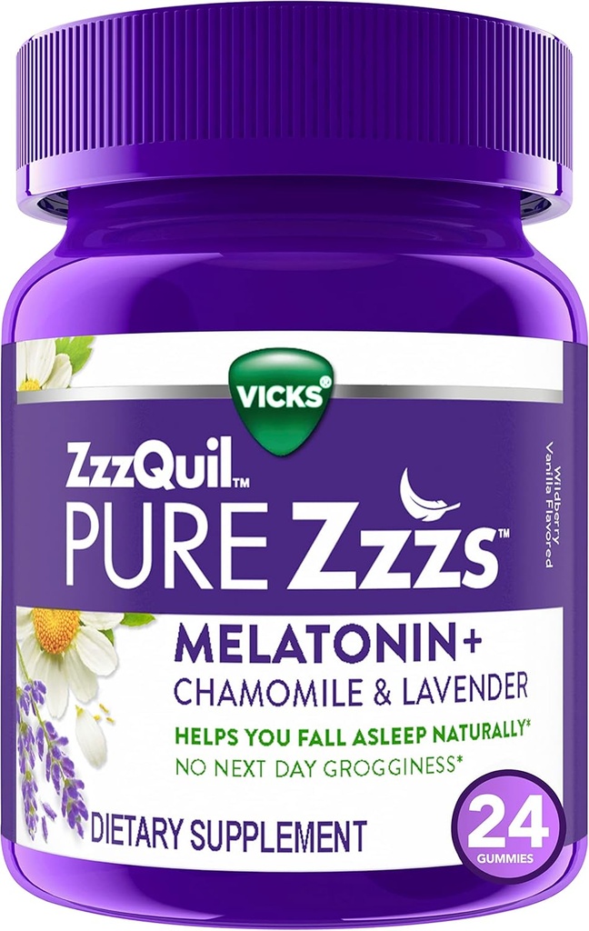 ZzzQuil PURE Zzz Melatonin Gummies, Aide au sommeil, Melatonin 2mg, avec Camomille et lavande, Melatonin Gummies de sommeil, Aide au sommeil pour les adultes, Vanille sauvage aromatisée, 24 Gummies de sommeil