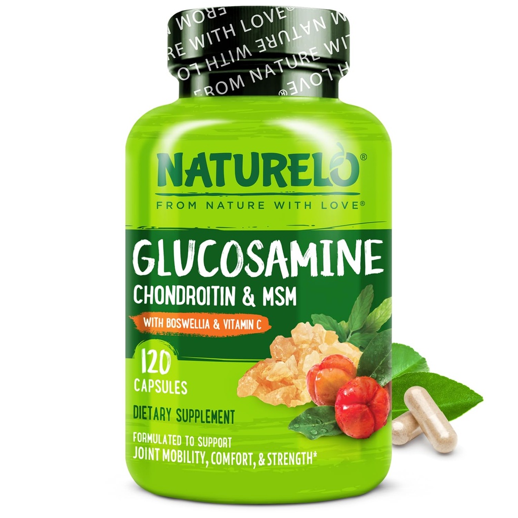 NATURELO Glucosamine Chondritine MSM avec Boswellia et Vitamine C - Supplément pour le confort, la mobilité et la force des articulations - 120 Capsules