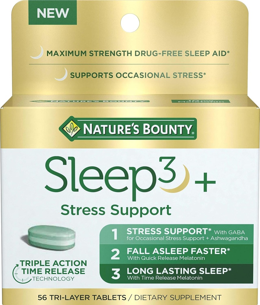 Nature's Bounty Stress Support Plus Melatonin, Sleep3 Maximum Strength 100% sans médicament aide au sommeil, complément alimentaire avec Ashwagandha, technologie de libération du temps, 10mg, 56 comprimés tri-layered