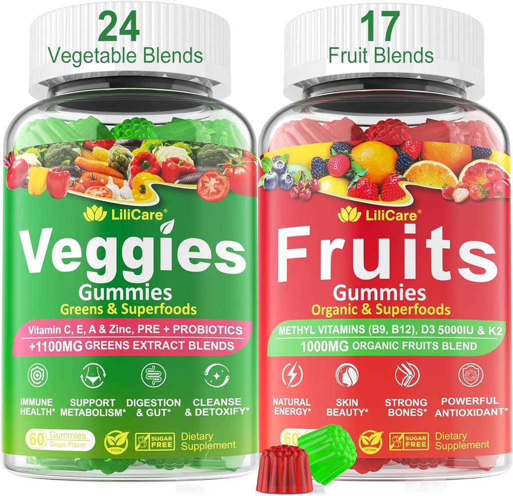 Sugar-Free Fruits and Veggies Gummies w/D3K2, B9, B12, Magnesium, 41+ Natural Superfood Fruits and Vegetables Supplement for Digestive & Gut Support, Energy, Nutrient Balance,Antioxidant Non-GMO 2pack