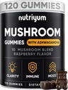 Gummes de Champignons 10 Mélange 120 pièces - Lions Mane, Ashwagandha, Turkey Tail, Cordyceps, Chaga, Reishi Complexe de Champignons - Supplément de Champignons pour Immune, Énergie, Clarté & Cognitive