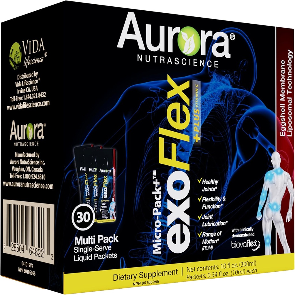 Aurora Nutrascience Micro-Pack ExoFlex+ liposomale avec vitamine C, soutient la flexibilité et la fonction articulaires, BiovaFlex Eggshell Membrane, Curcumin & Boswellia, Strwaberry Flavor, 30 packets mono-serve