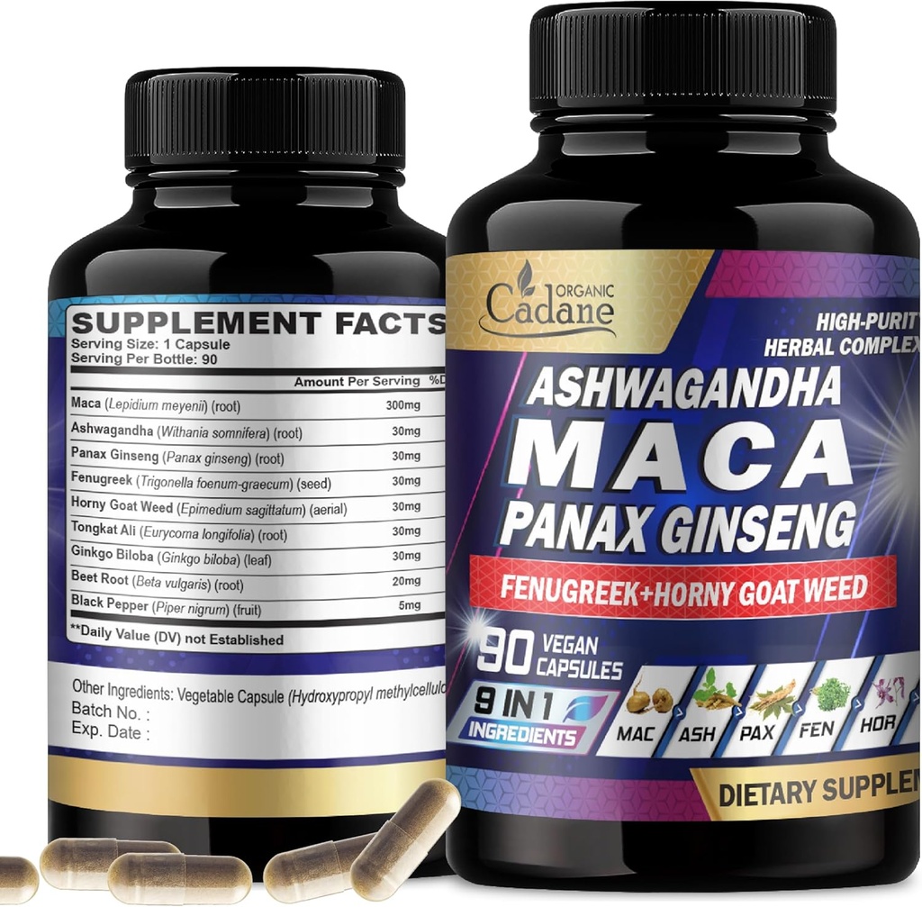 Racine de maca Cadane biologique, Ashwagandha, supplément de Ginseng Panax - 90 capsules 3 mois avec Fenugreek, Tongkat Ali & More - Soutien Production d'énergie et immunité