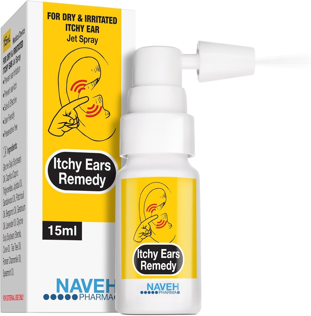 NAVEH PHARMA® Itchy Ears Remedy Ear Cleaning and Itch Relief | Treats All Causes of Ear Itchiness | Jet Spray for Eczema Treatment & Clogged Ear Relief | Ear Wax Removal & Ear Drops Wash (0.5 Fl Oz)