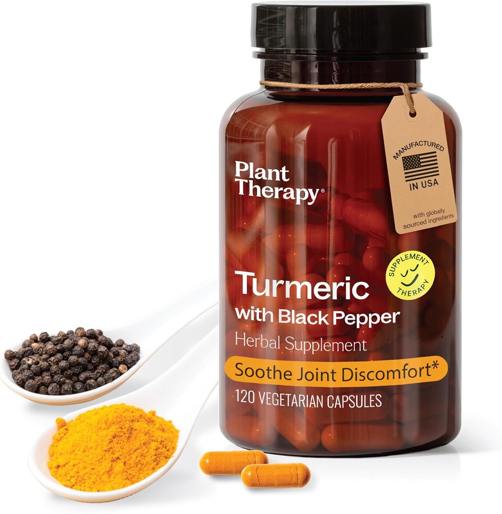 Plant Therapy Turmeric Black Pepper Supplément Capsules fabriqués aux États-Unis 4 mois d'approvisionnement soutient les suppléments de santé articulaire et musculaire pour les femmes et les hommes 120 Capsule végétarienne