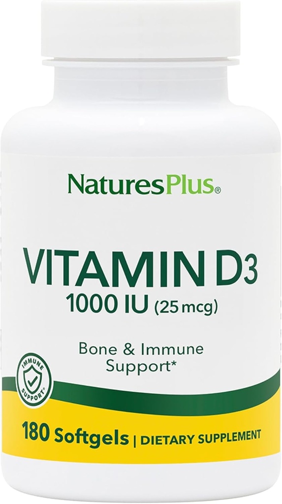Natures Plus Vitamine D3 (Cholecalciferol) - 1000 iu, 180 Softgels - Soutien nutritionnel aux os sains et au système immunitaire - Forme active biodisponible - Sans gluten - 180 portions