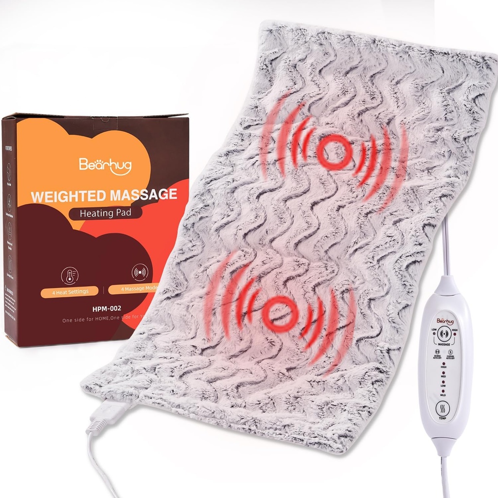 Pad de chauffage pondéré 17x33 (5.42LB) Bearhug XXL - Faux fourrure double-side, 4 modes de massage, 4 réglages de chaleur, 2H auto-off, Pad de chauffage pour le soulagement de la douleur au dos, Pad chauffant vibrant, Grand cadeau